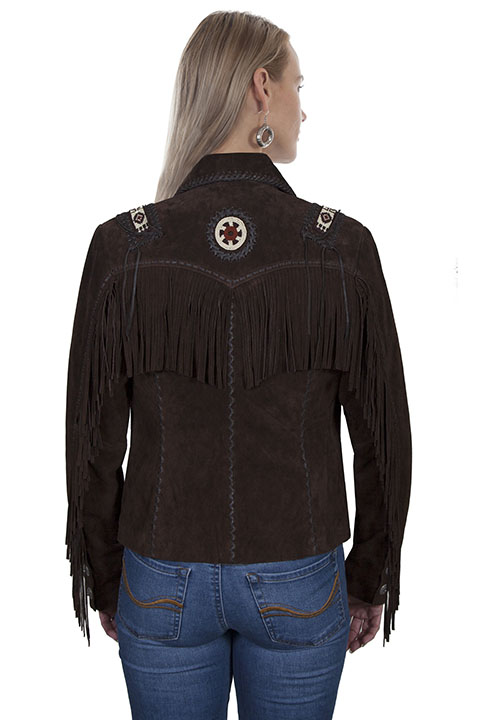 (image for) Ladies Hand Laced and Bead Trim Leather Jacket (XL / Expresso)